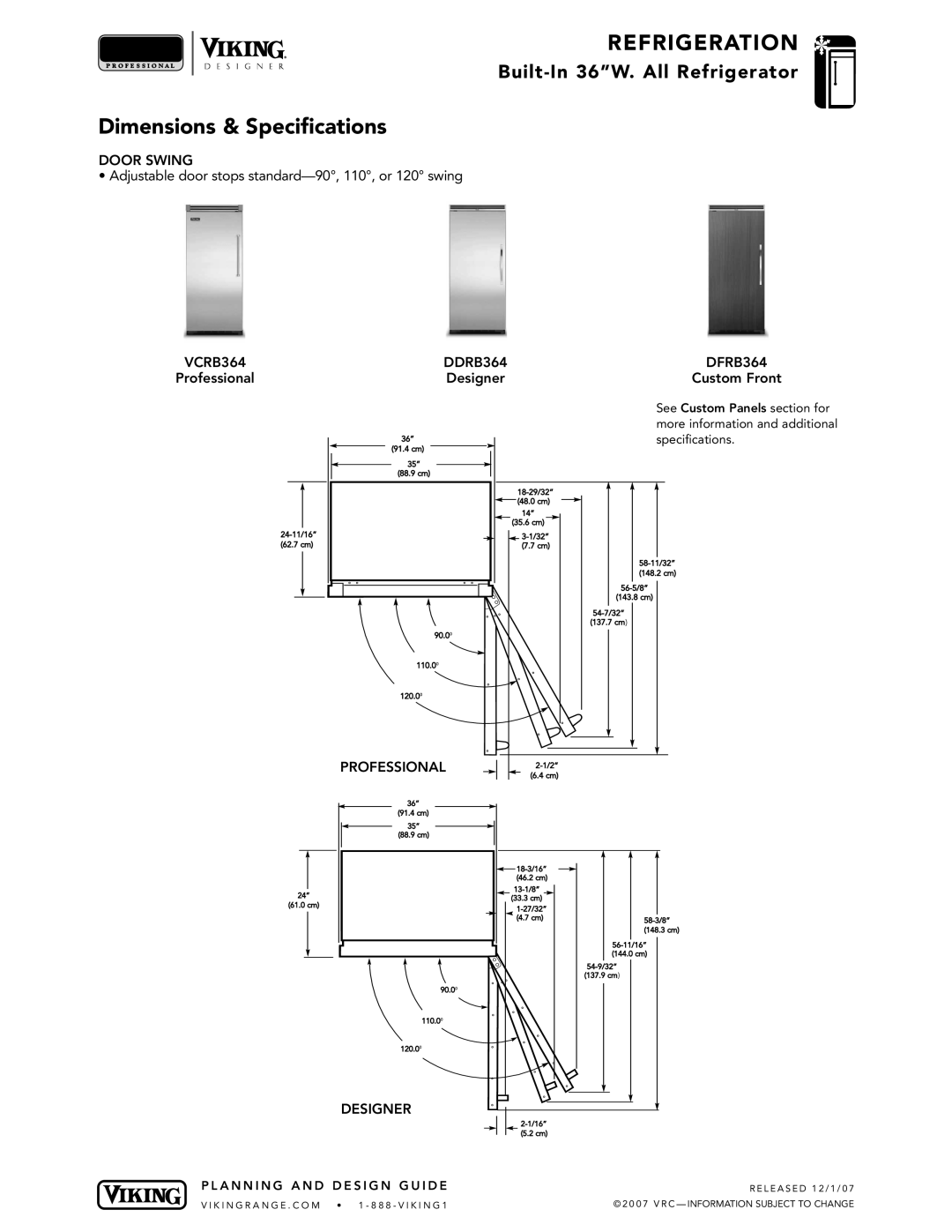Viking VCRB364, DFRB364, DDRB364 specifications Door Swing, Professional 