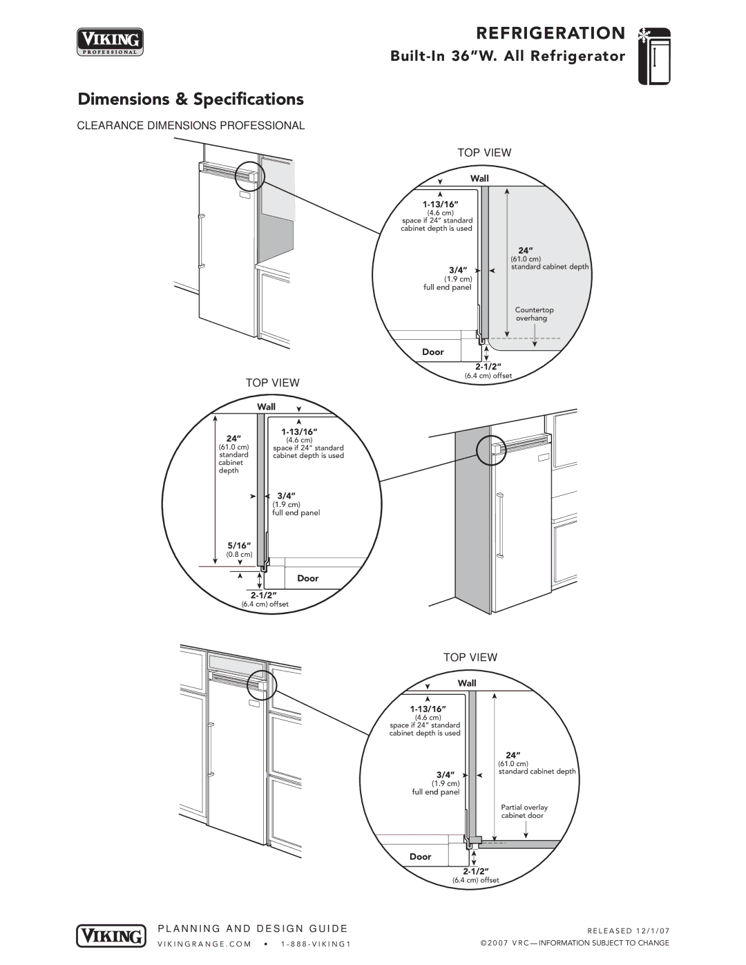 Viking DFRB364, VCRB364, DDRB364 specifications Clearance DIMENSIONS-PROFESSIONAL TOP View, Wall 13/16 