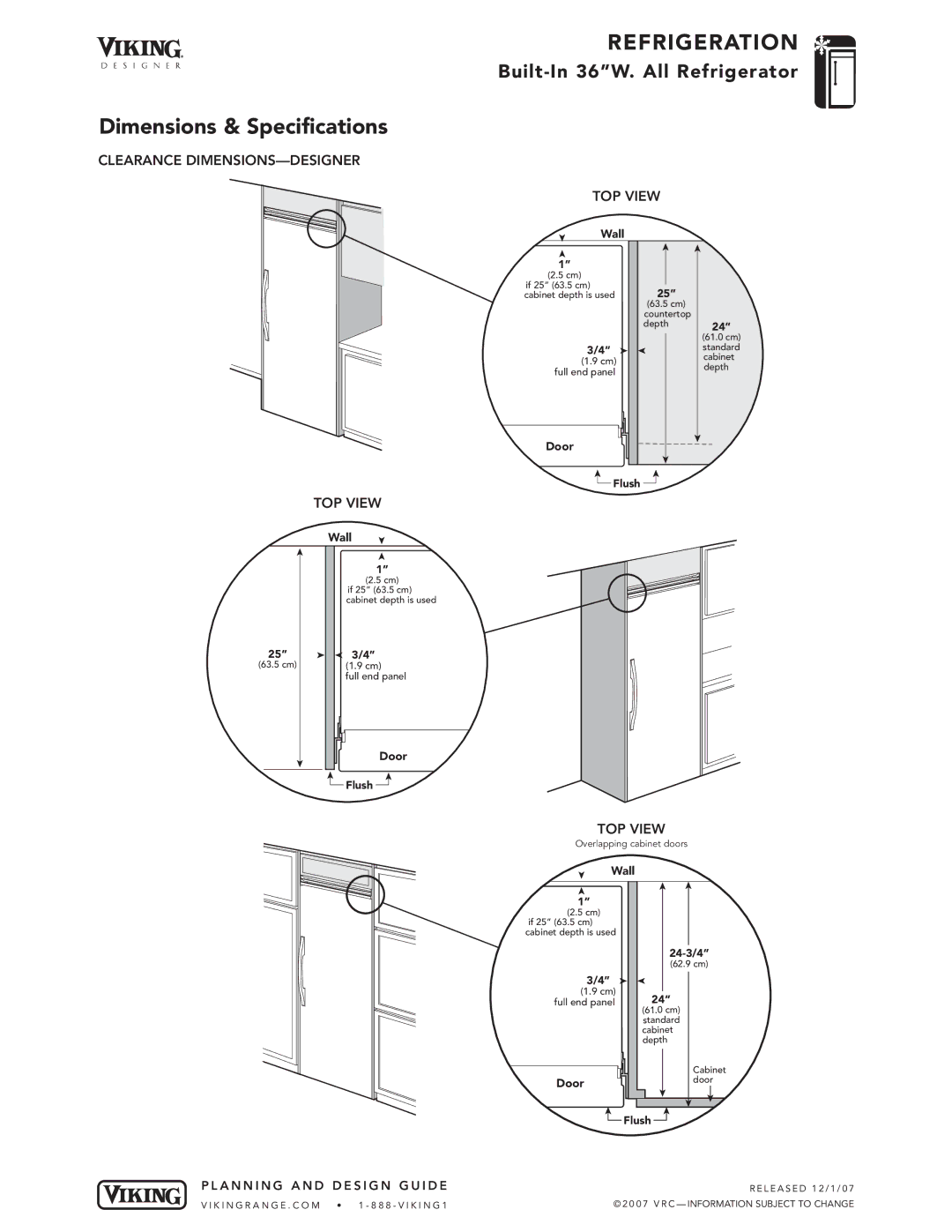 Viking DDRB364, VCRB364, DFRB364 specifications Clearance DIMENSIONS-DESIGNER, Flush 