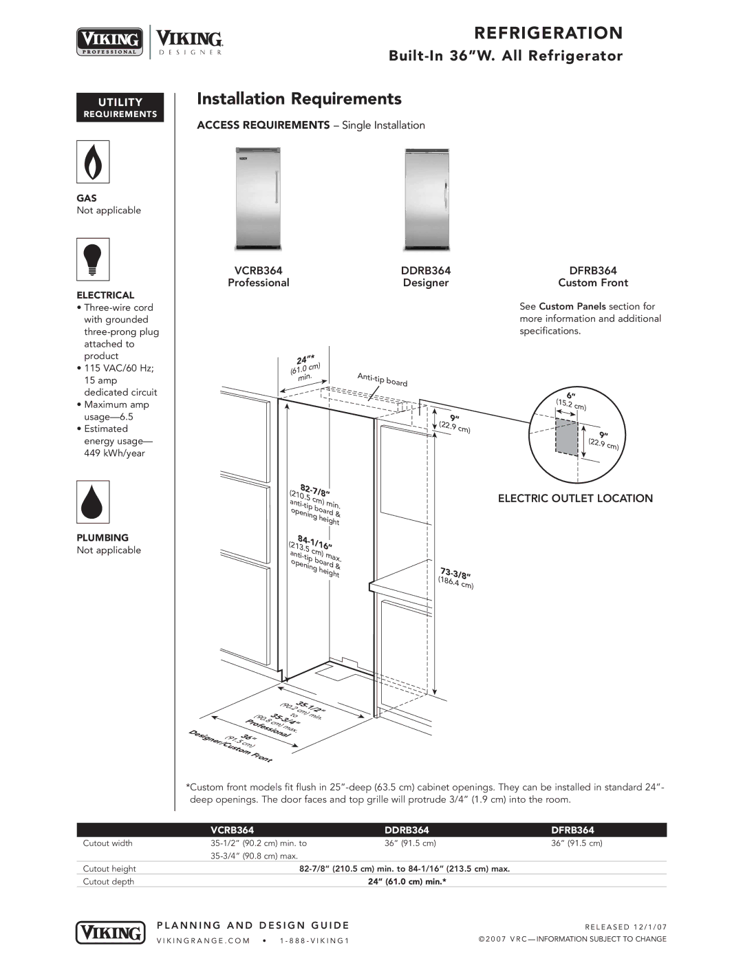 Viking VCRB364, DFRB364, DDRB364 specifications Installation Requirements, Electric Outlet Location 