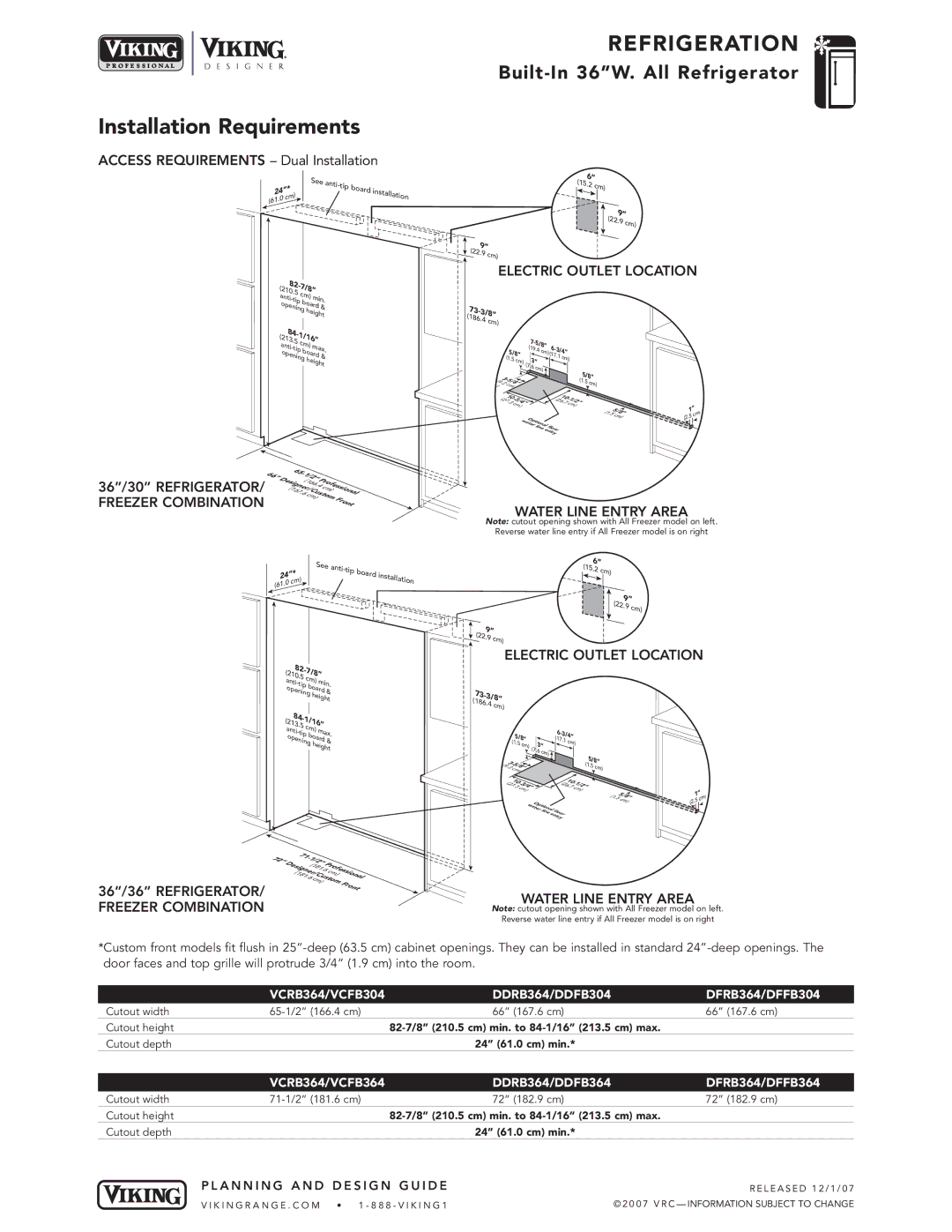 Viking DFRB364, VCRB364, DDRB364 Installation Requirements, Water Line Entry Area, 36/36 REFRIGERATOR/ Freezer Combination 