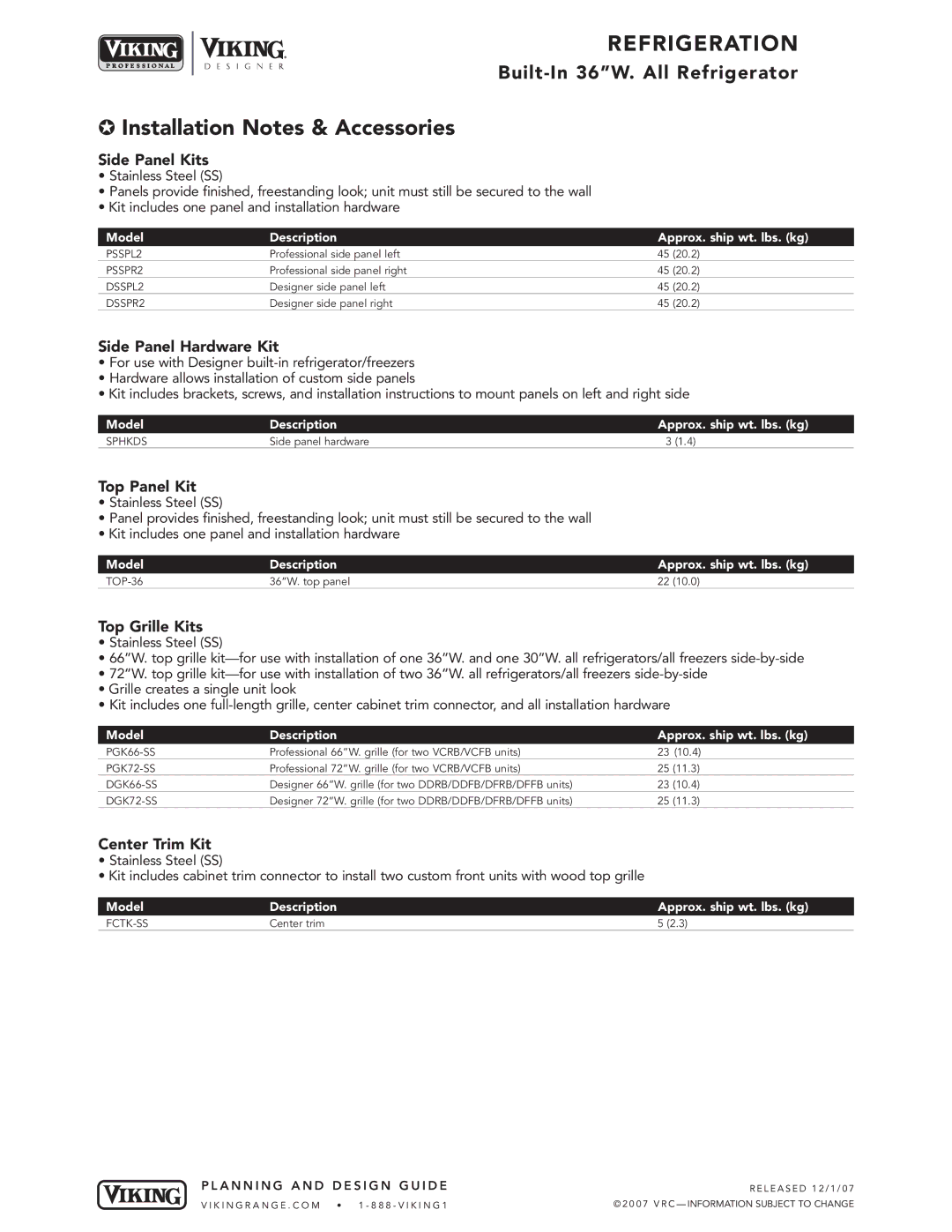 Viking DDRB364, VCRB364, DFRB364 specifications Installation Notes & Accessories 