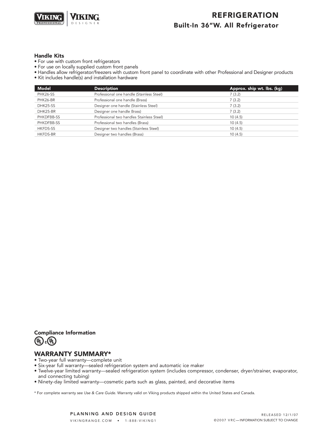 Viking VCRB364, DFRB364, DDRB364 specifications Handle Kits, Compliance Information 