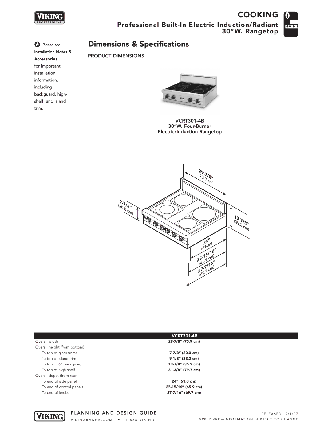 Viking VCRT301-4B manual Dimensions & Specifications, 27/8 