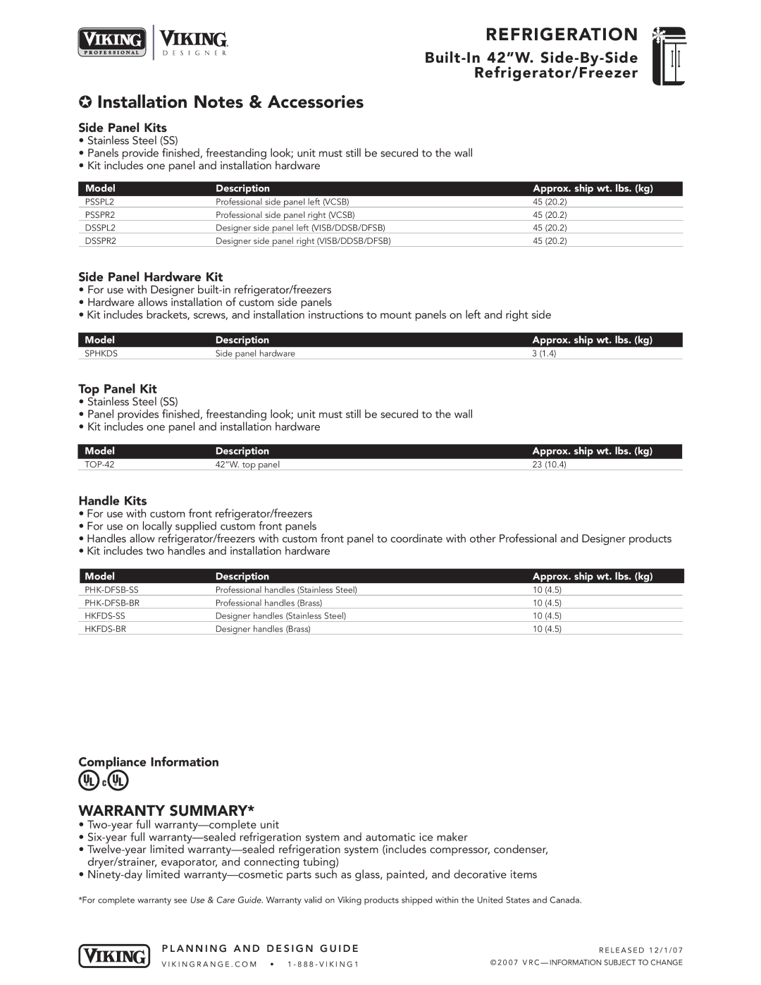 Viking VCSB423, VISB423, DFSB423, DDSB423 specifications Installation Notes & Accessories 