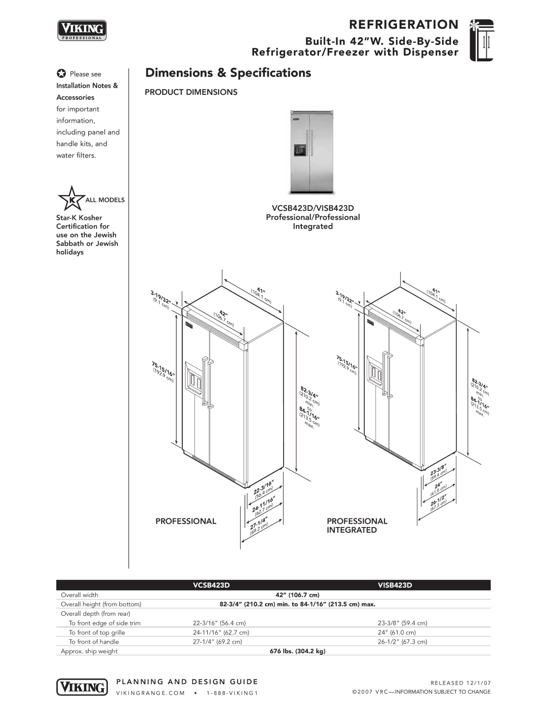 Viking DFSB423D Dimensions & Specifications, Product Dimensions VCSB423D/VISB423D, Professional/Professional Integrated 