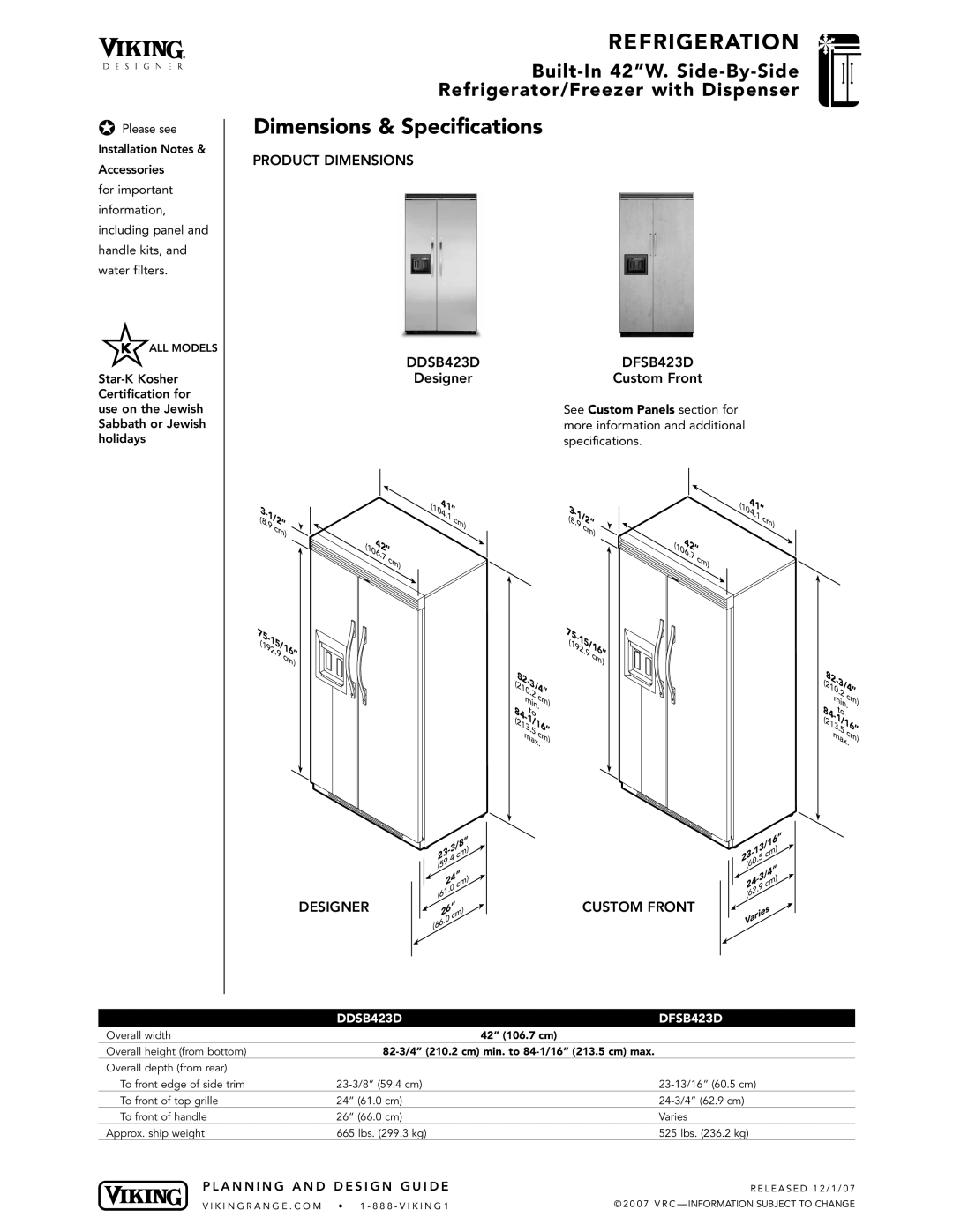 Viking VCSB423D, VISB423D, DFSB423D specifications 91/2, 15/169, Product Dimensions, Designer Custom Front 