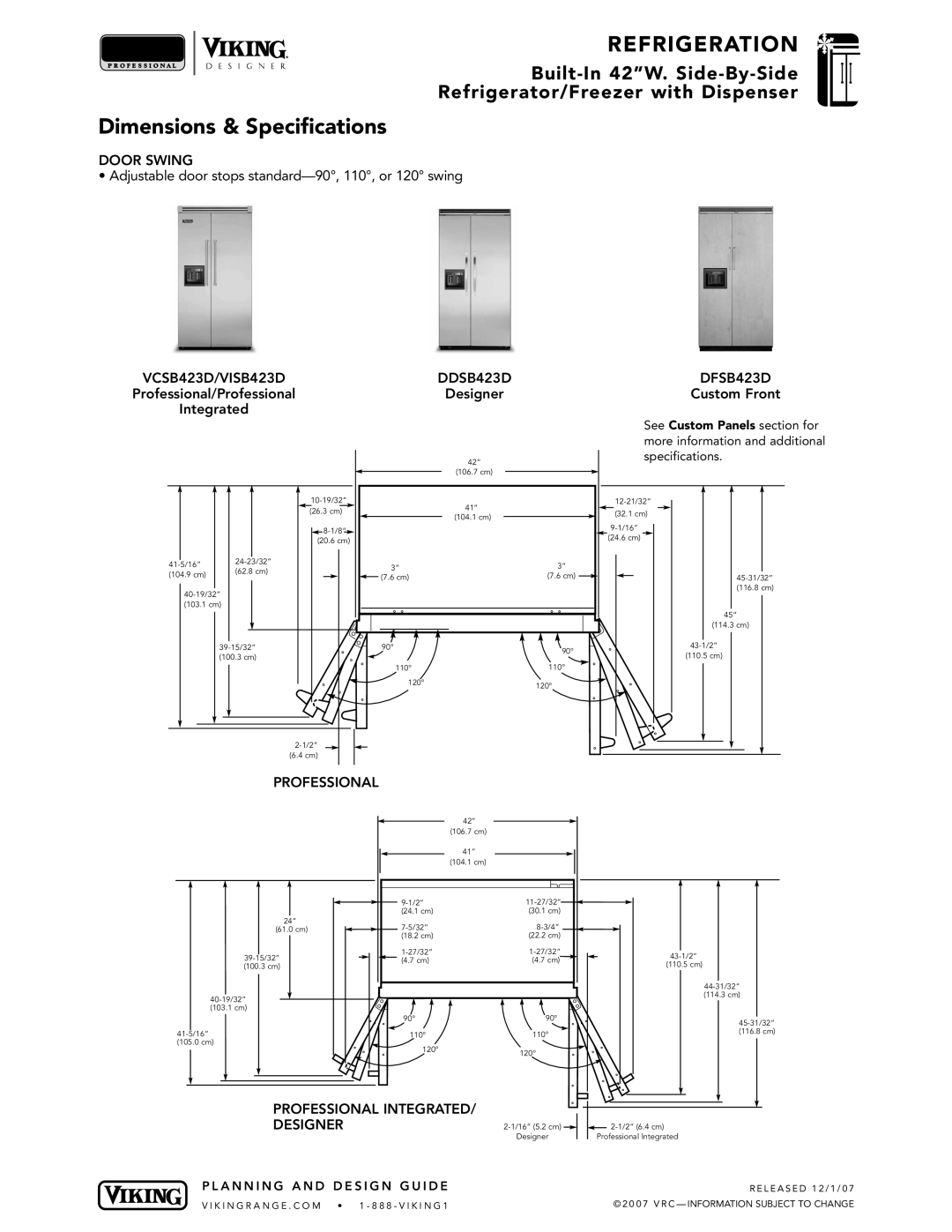 Viking DFSB423D Door Swing, Adjustable door stops standard-90, 110, or 120 swing, VCSB423D/VISB423DDDSB423D 