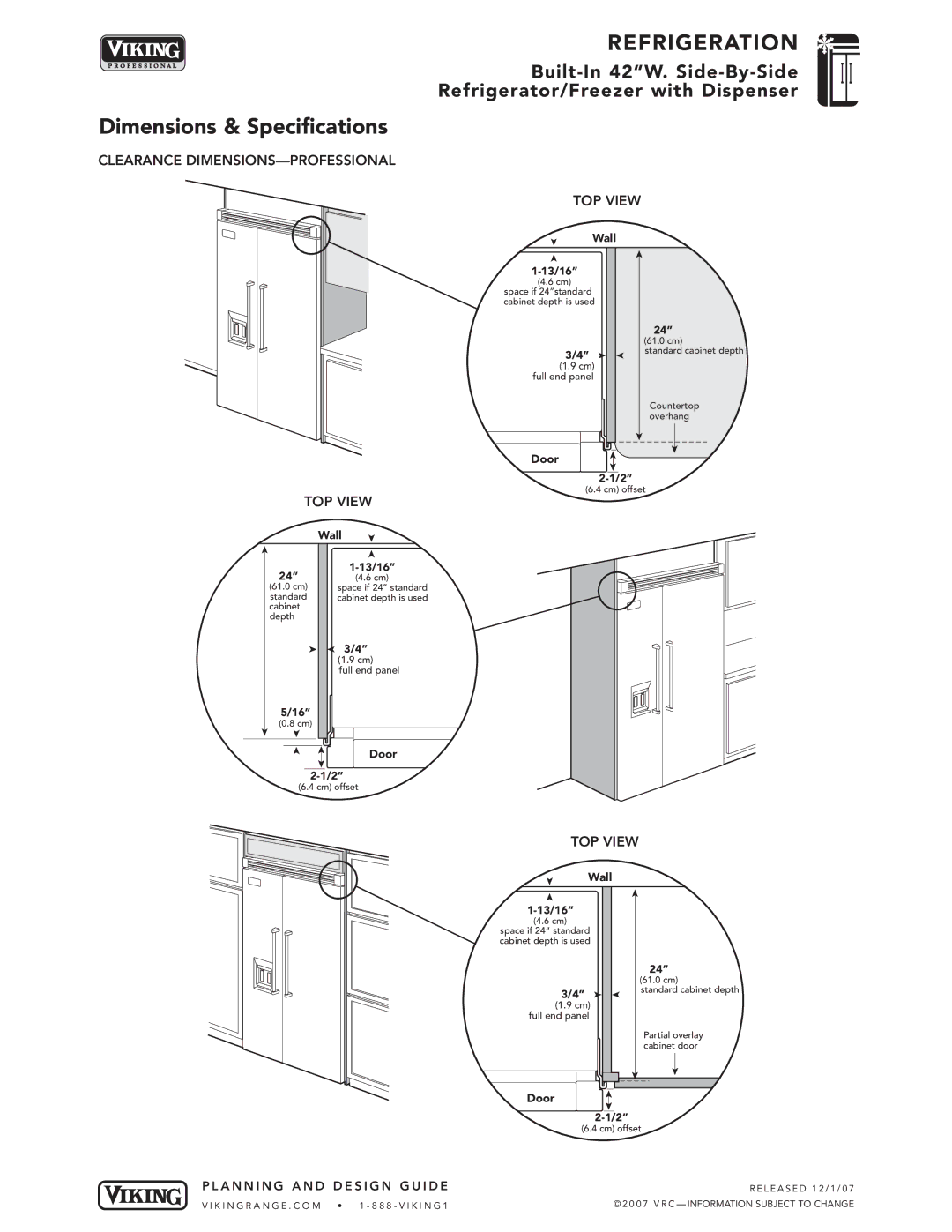 Viking DFSB423D, VCSB423D, VISB423D specifications Clearance DIMENSIONS-PROFESSIONAL TOP View, Door, Wall 13/16 