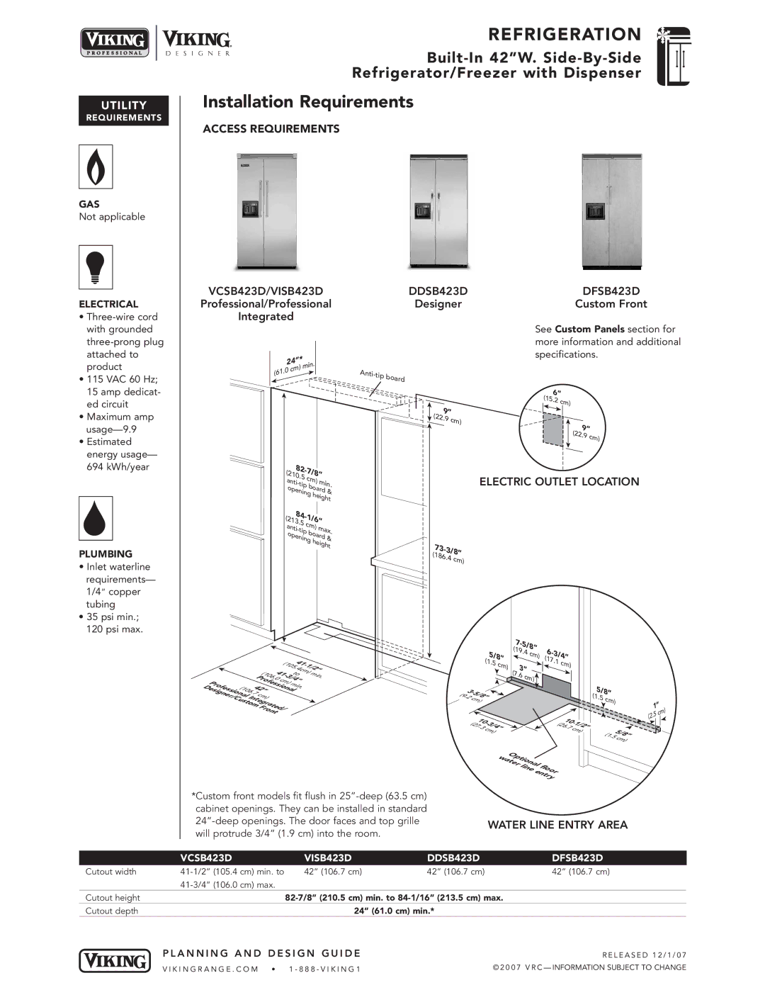 Viking Installation Requirements, Water Line Entry Area, VCSB423D VISB423D DDSB423D DFSB423D, 73-3/8, 17.1 cm 