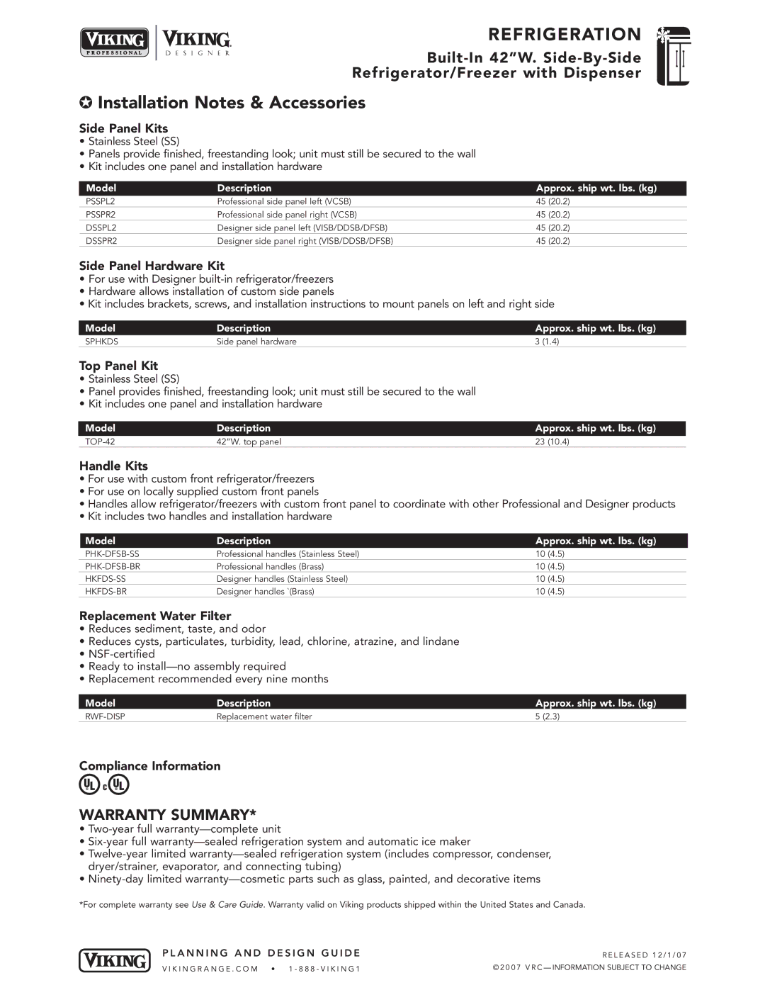 Viking DFSB423D, VCSB423D, VISB423D specifications Installation Notes & Accessories 