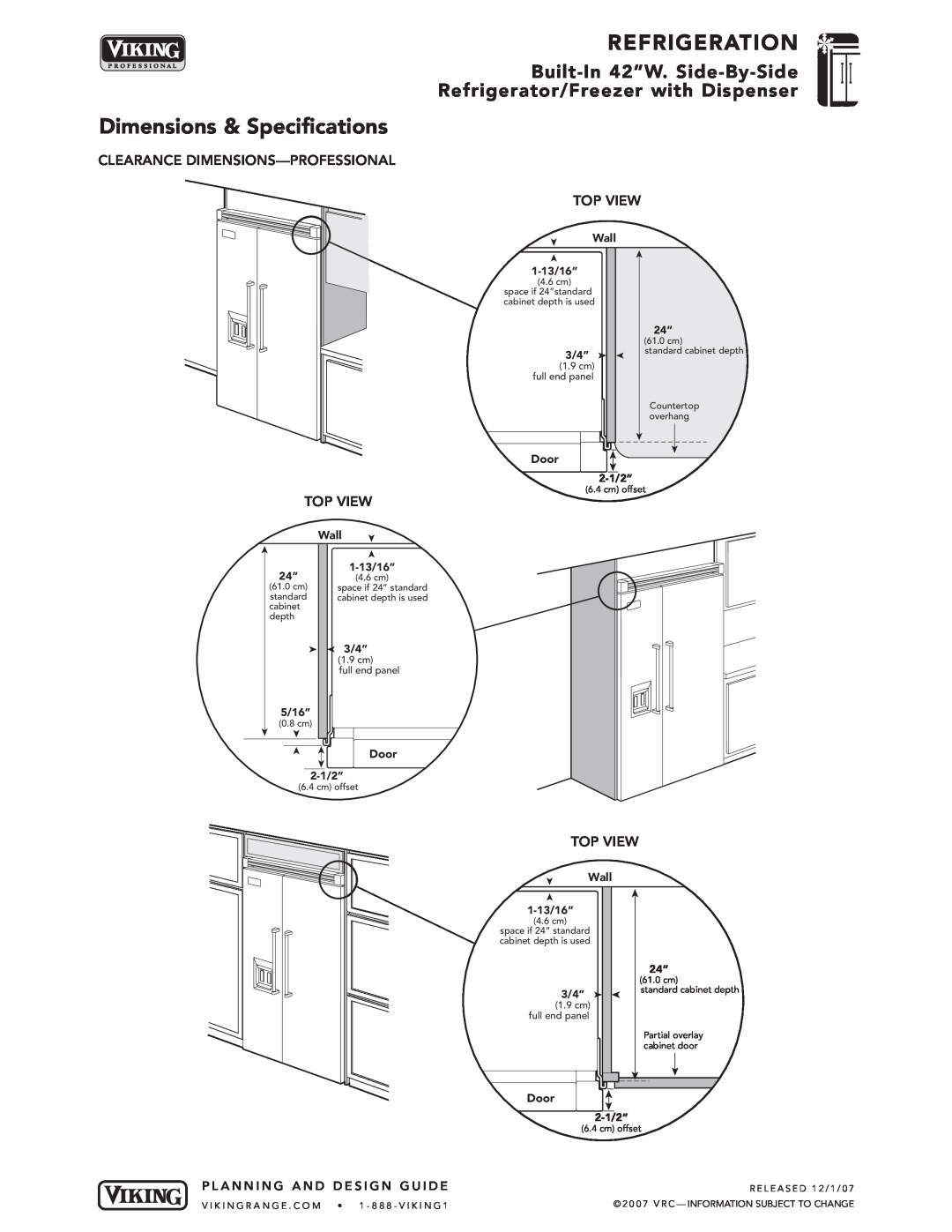 Viking DFSB423D Clearance Dimensions-Professional Top View, Refrigeration, Dimensions & Specifications, Wall, Door, 3/4” 