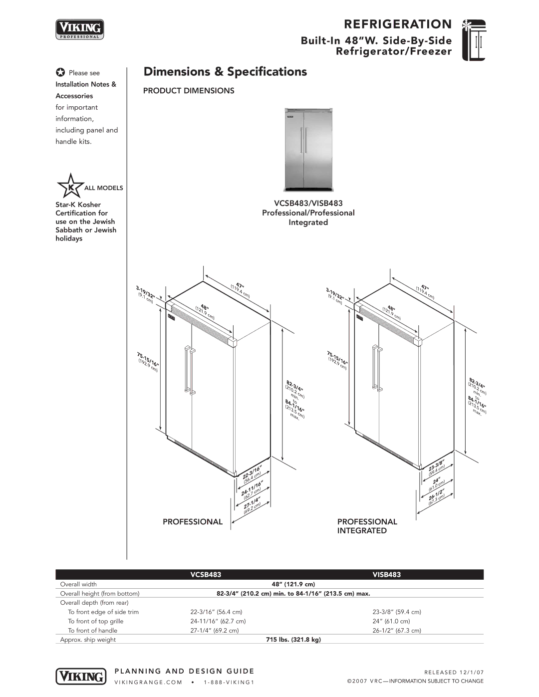 Viking Dimensions & Specifications, Product Dimensions VCSB483/VISB483, Professional Integrated, VCSB483 VISB483 