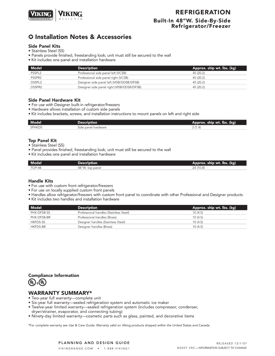 Viking VCSB483, DFSB483, VISB483, DDSB483 specifications Installation Notes & Accessories 