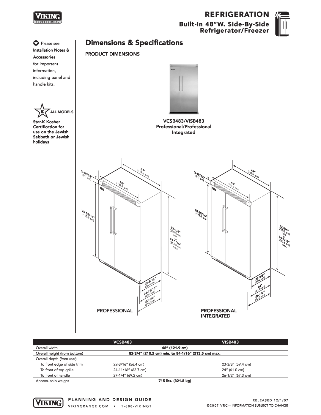Viking Dimensions & Specifications, PRODUCT DIMENSIONS VCSB483/VISB483 Professional/Professional, Refrigeration, 2.15/1 