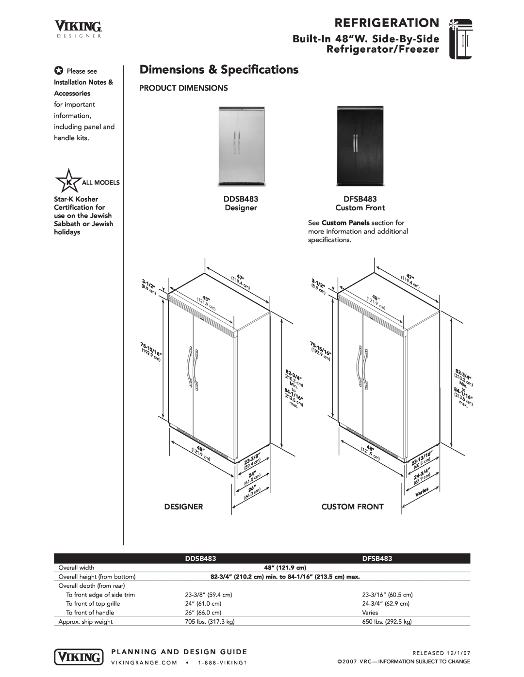 Viking Product Dimensions, DDSB483 Designer, DFSB483 Custom Front, Refrigeration, Dimensions & Specifications, 2.15/1 