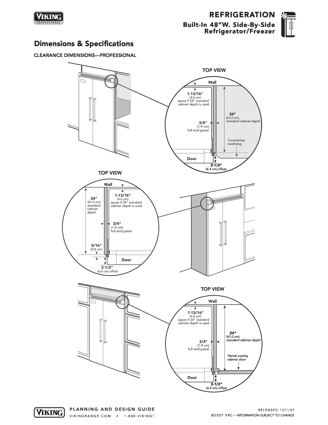 Viking DFSB483 Clearance Dimensions-Professional, Top View, Dimensions & Specifications, Refrigeration, Wall, 1-13/16” 