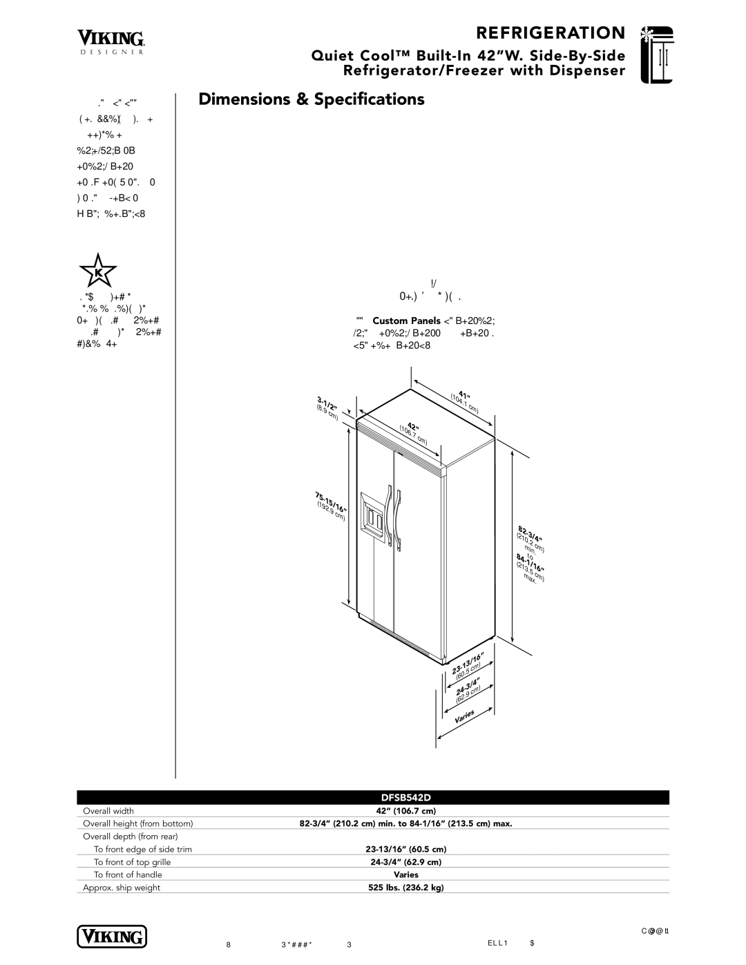 Viking VCSB542D, VISB542D specifications Product Dimensions DFSB542D, Custom Front, 23-13/16 60.5 cm, 24-3/4 62.9 cm 