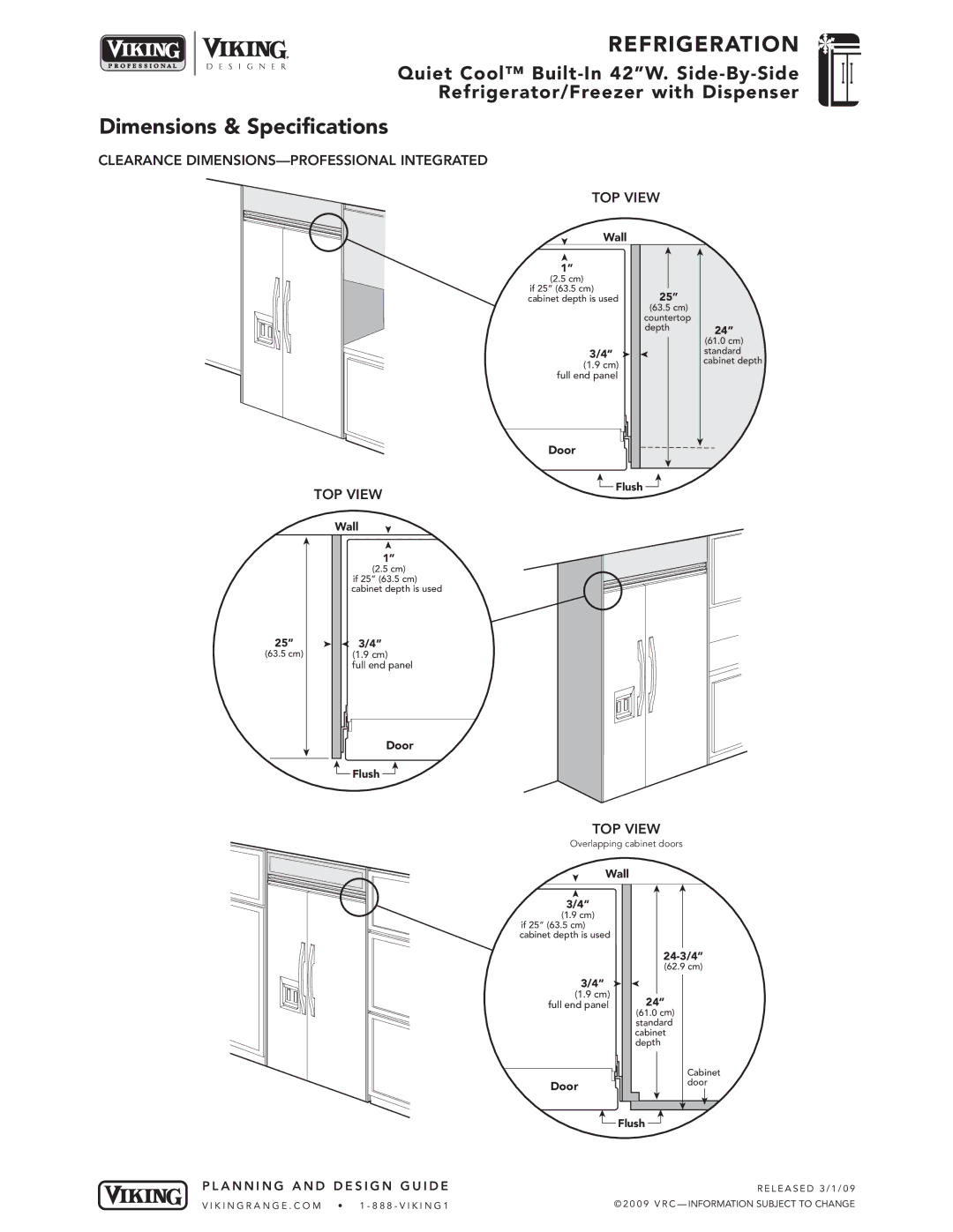 Viking VCSB542D, VISB542D Clearance DIMENSIONS-PROFESSIONAL Integrated TOP View, Wall Flush, Door Flush, Door 24-3/4 