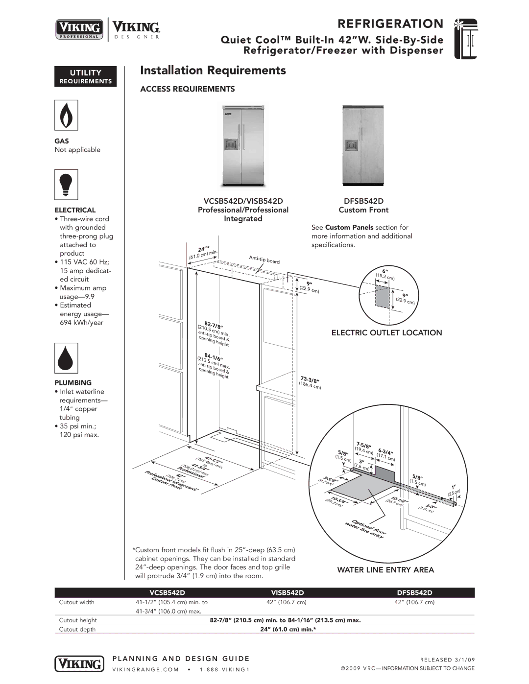 Viking VISB542D, DFSB542D specifications Installation Requirements, Water Line Entry Area, VCSB542D, 73-3, 186 