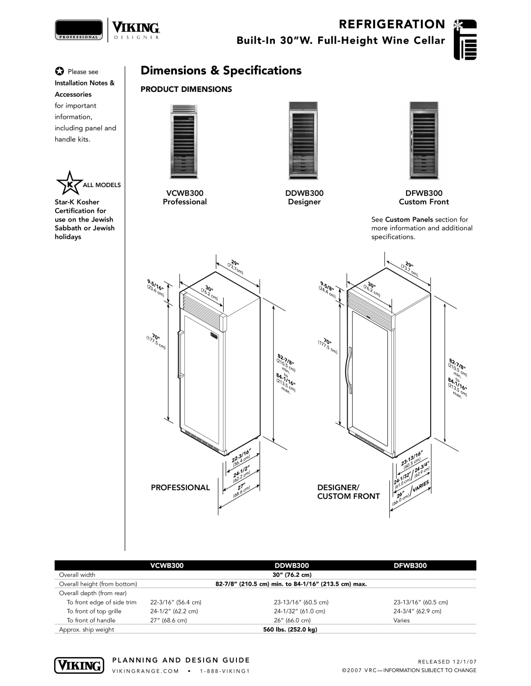 Viking Dimensions & Specifications, Product Dimensions, VCWB300 DDWB300 DFWB300, Professional Designer, Custom Front 