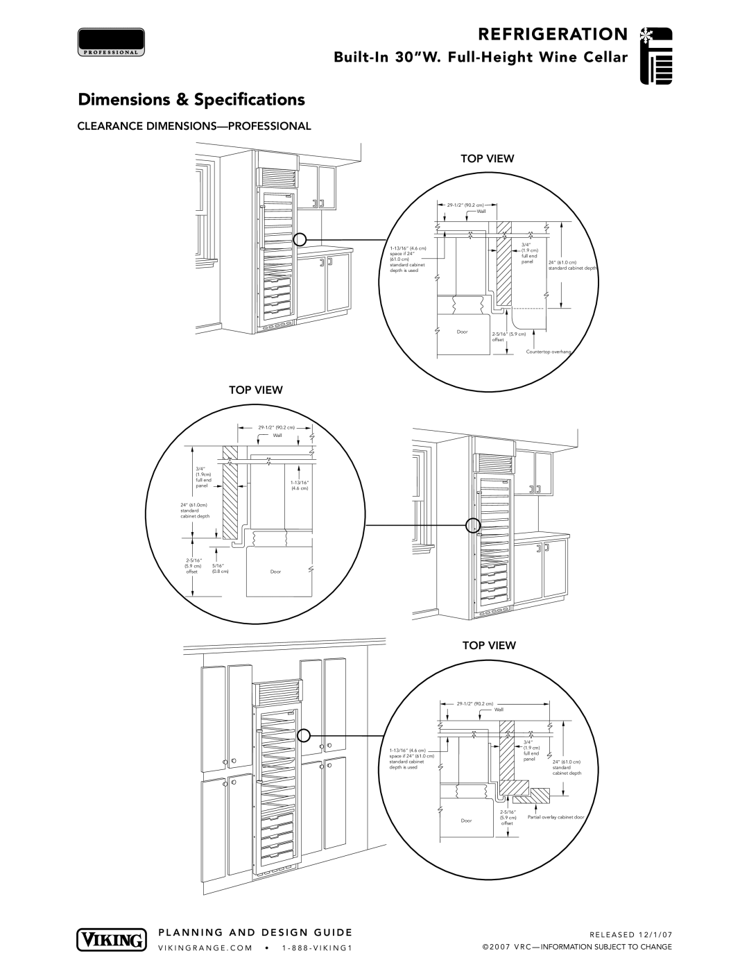 Viking DFWB, VCWB300, DDWB300 specifications Clearance DIMENSIONS-PROFESSIONAL TOP View 