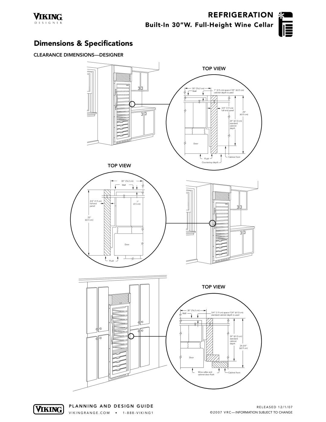 Viking DDWB300, VCWB300, DFWB specifications Clearance DIMENSIONS-DESIGNER TOP View 