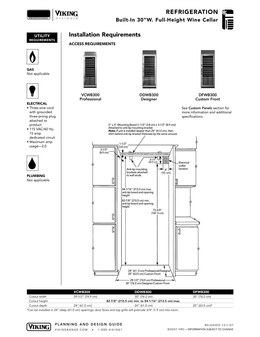 Viking VCWB300, DFWB, DDWB300 specifications Installation Requirements, Access Requirements 