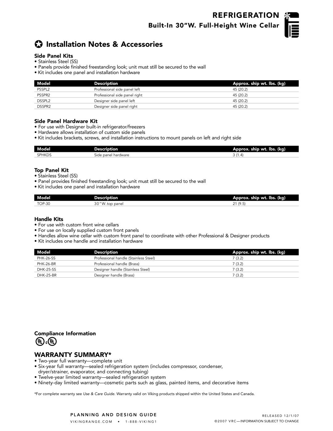 Viking DFWB, VCWB300, DDWB300 specifications Installation Notes & Accessories 