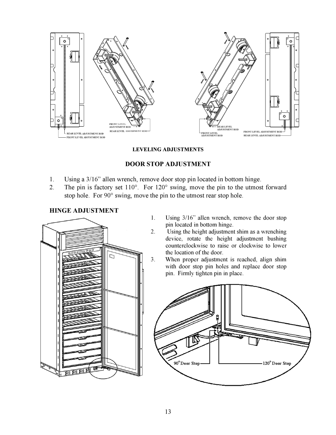 Viking VCWB300 manual Door Stop Adjustment, Hinge Adjustment 