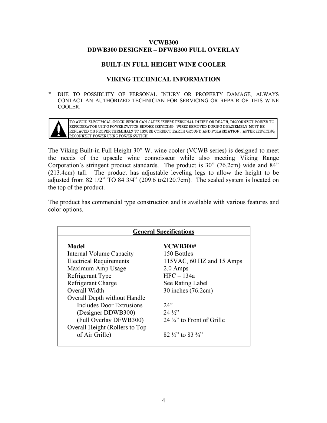 Viking manual General Specifications Model VCWB300# 