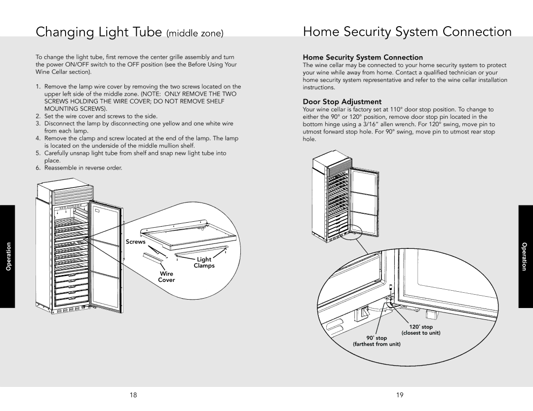 Viking VCWB301LSS, VCWB301RSS manual Changing Light Tube middle zone, Home Security System Connection, Door Stop Adjustment 