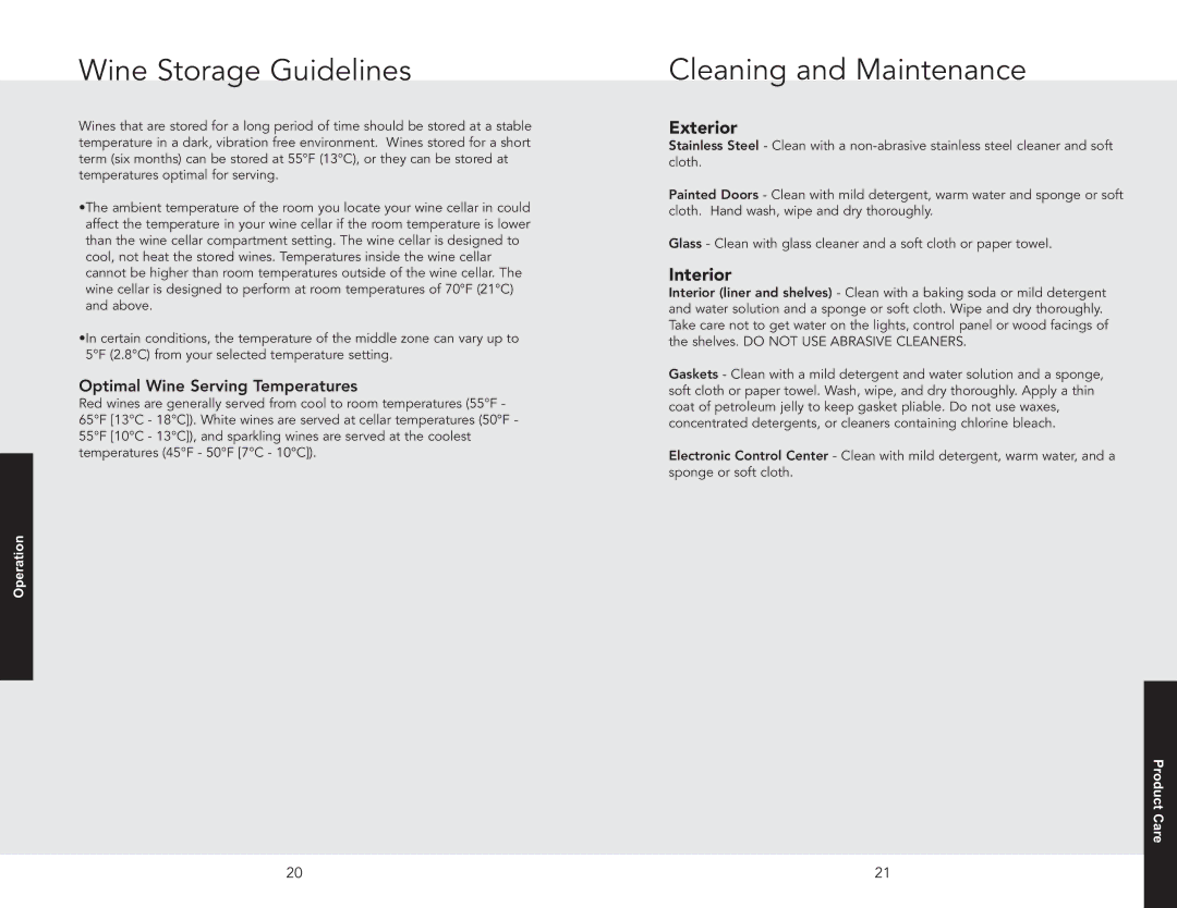 Viking VCWB301RSS, VCWB301LSS manual Wine Storage Guidelines, Cleaning and Maintenance, Optimal Wine Serving Temperatures 