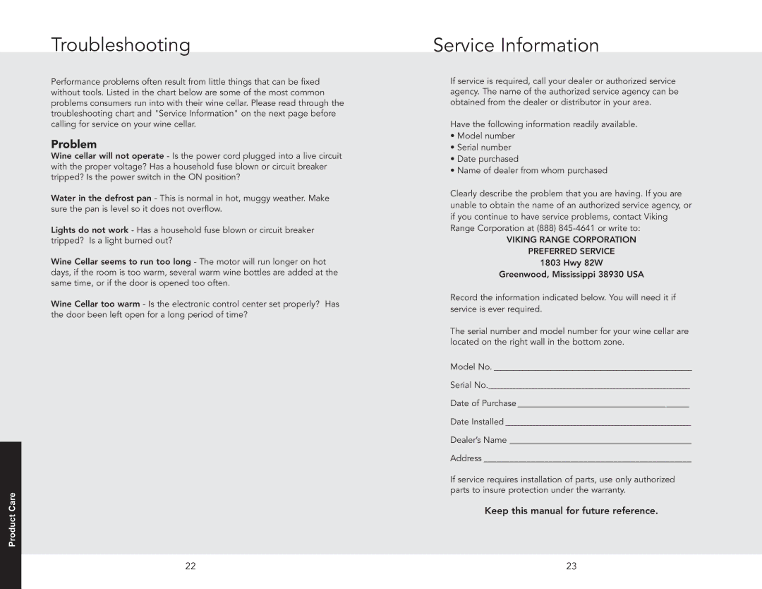 Viking VCWB301RSS, VCWB301LSS manual Troubleshooting, Service Information 