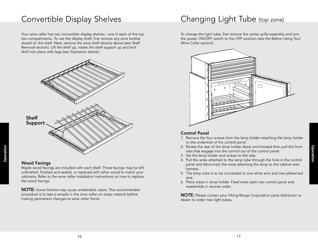 Viking VCWB301RSS, VCWB301LSS manual Convertible Display Shelves, Changing Light Tube top zone, Wood Facings, Control Panel 