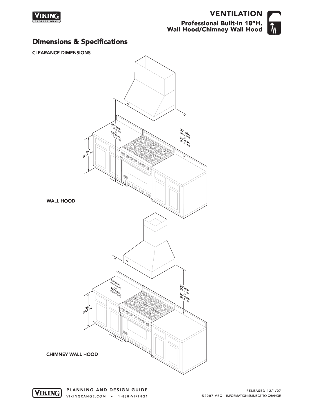 Viking VCWH Ventilation, Dimensions & Specifications, Professional Built-In 18”H Wall Hood/Chimney Wall Hood, 30”min, 72”m 