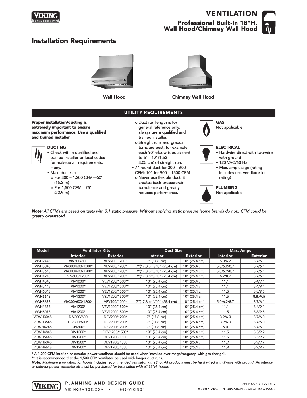 Viking VCWH Installation Requirements, Ventilation, Professional Built-In 18”H Wall Hood/Chimney Wall Hood, Ducting 