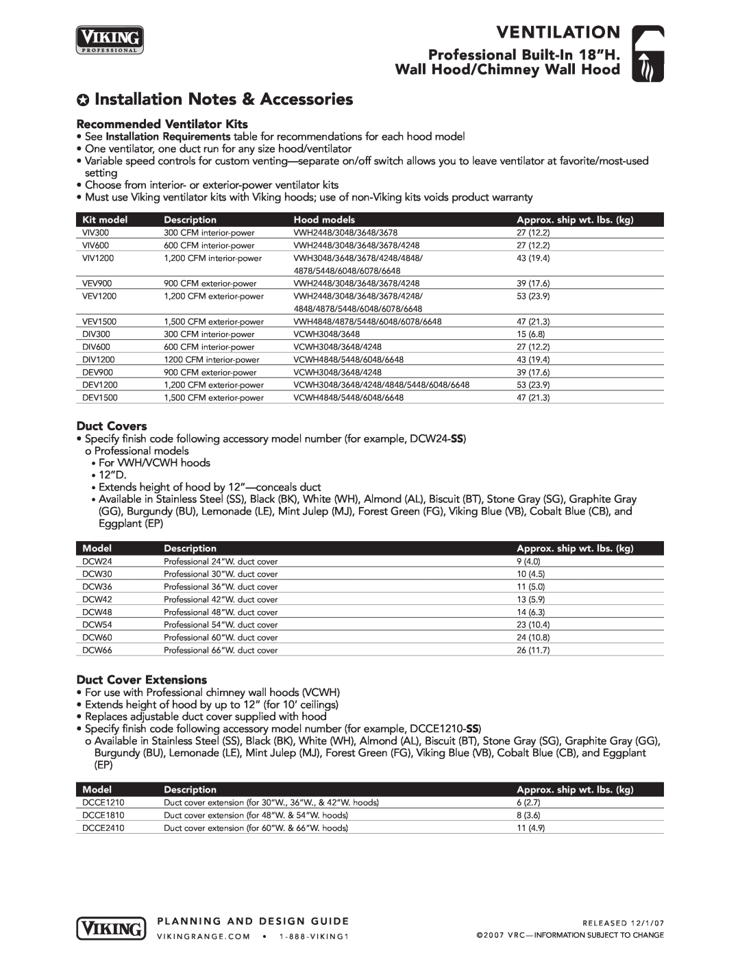 Viking VCWH Installation Notes & Accessories, Recommended Ventilator Kits, Duct Covers, Duct Cover Extensions, Ventilation 