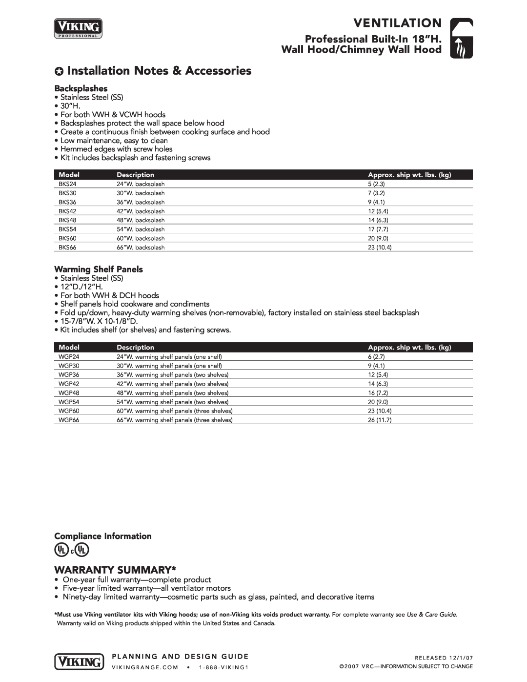 Viking VCWH dimensions Warranty Summary, Backsplashes, Warming Shelf Panels, Compliance Information, Ventilation 