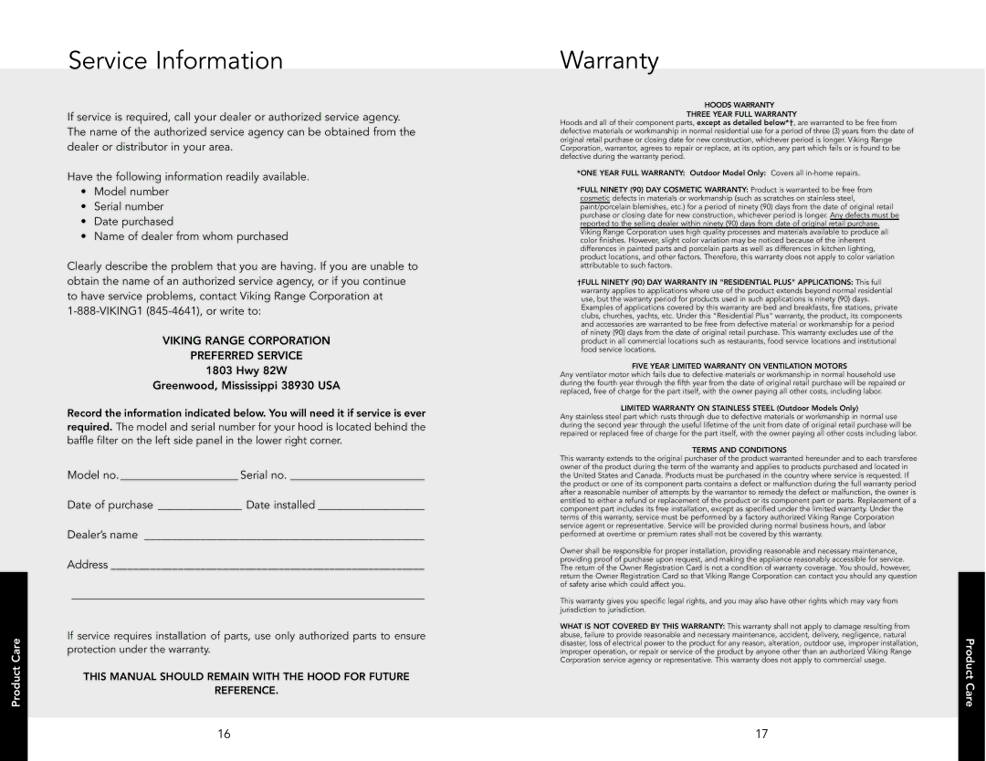 Viking VWH3010BT, VCWH4248SS, VWHO4878SS, VCWH3648WH, VWH3010CB, VCWH3648SSCR, VWH24481SS manual Service Information, Warranty 