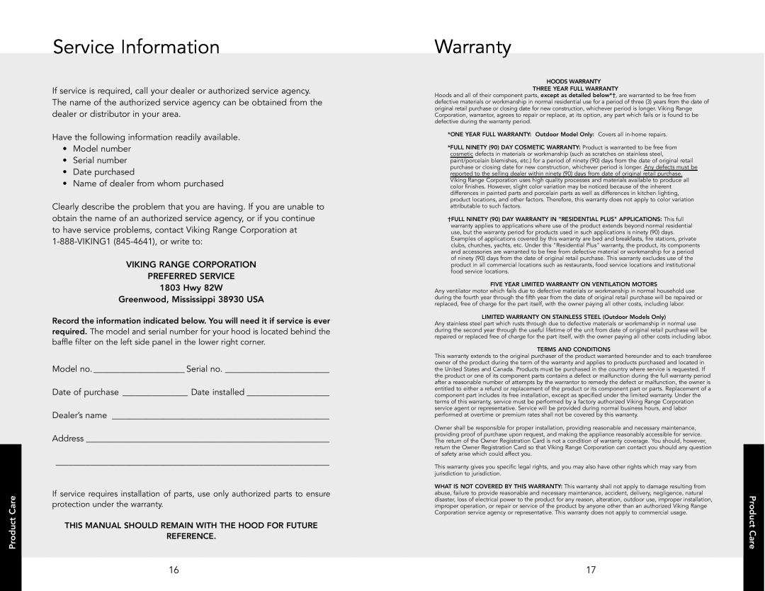 Viking VWH3010BT manual Service Information, Warranty, Product Care, VIKING1 845-4641, or write to VIKING RANGE CORPORATION 