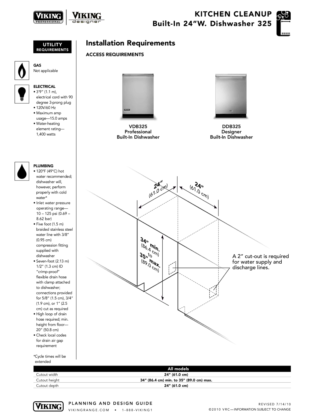 Viking VDB325, DDB325 manual Bui lt-In 24W . Dishwa she r Installation Requirements, Utilit Y 