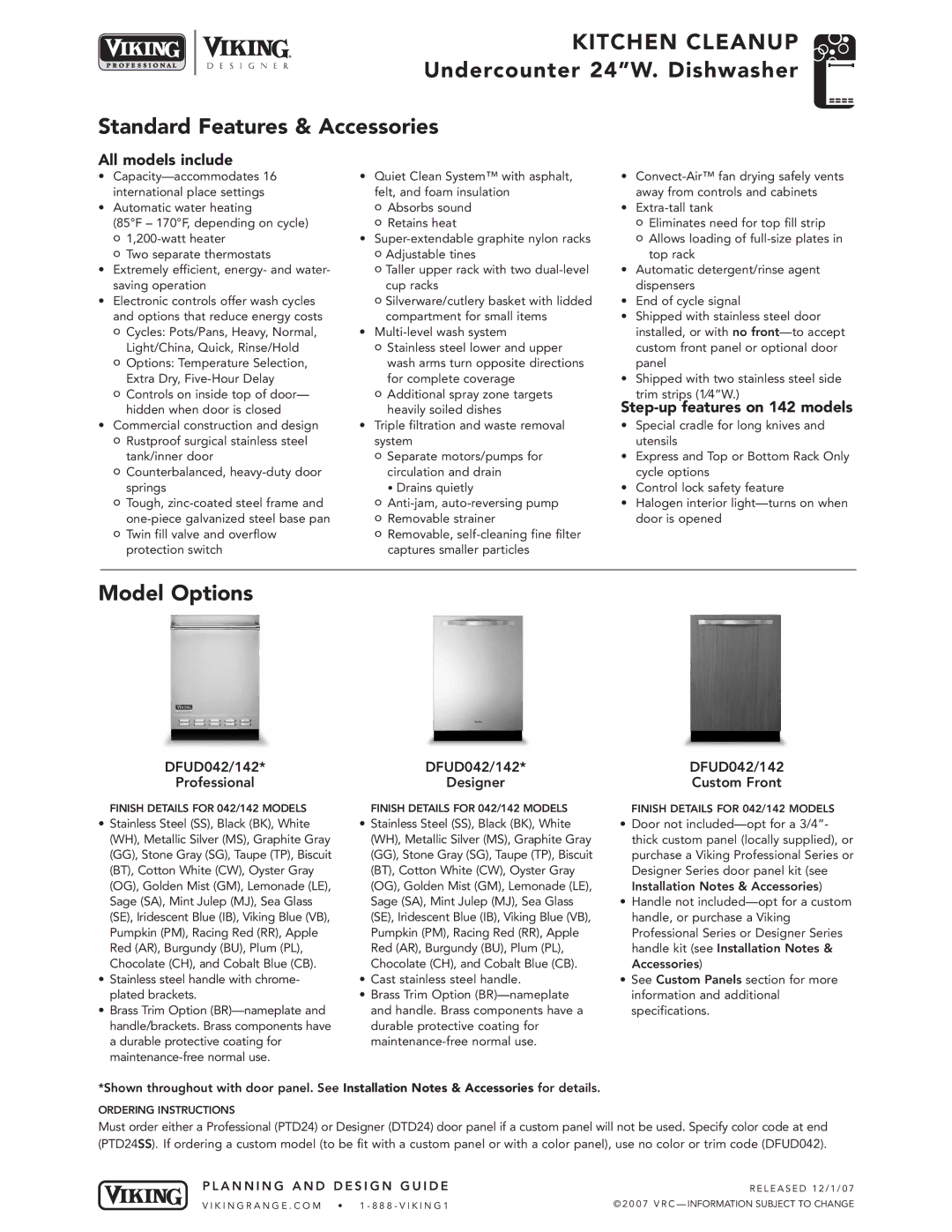 Viking VDB325 manual Step-up features on 142 models, DFUD042/142 Professional Designer Custom Front 