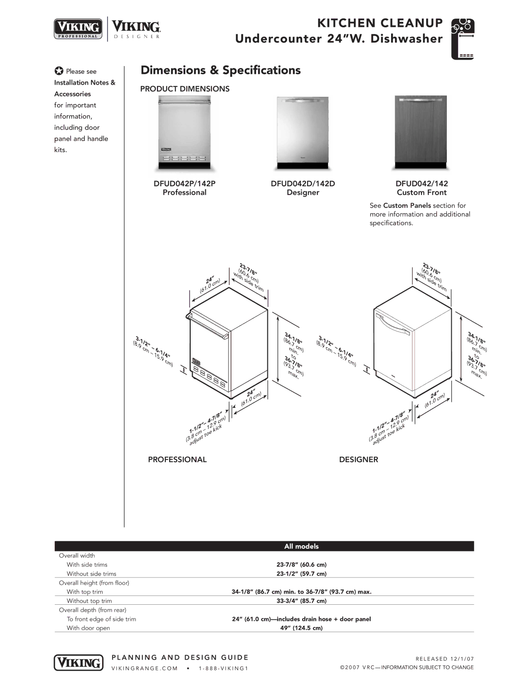 Viking VDB325 Undercounter 24W. Dishwasher Dimensions & Specifications, DFUD042P/142P DFUD042D/142D DFUD042/142, Designer 