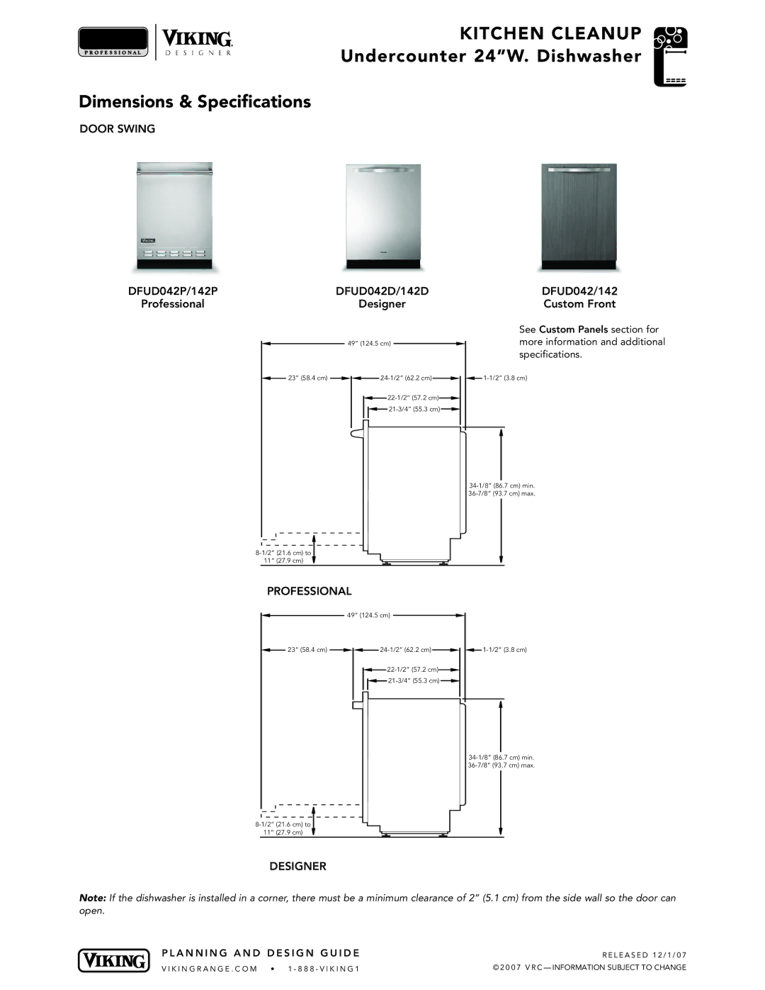 Viking VDB325 manual Door Swing 