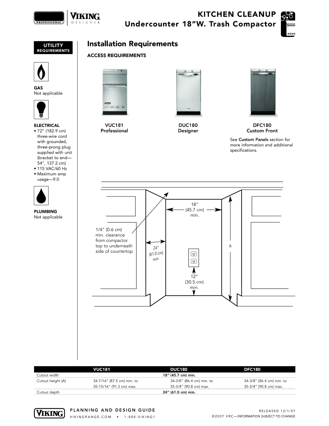 Viking VDB325 manual Undercounter 18W. Trash Compactor Installation Requirements 