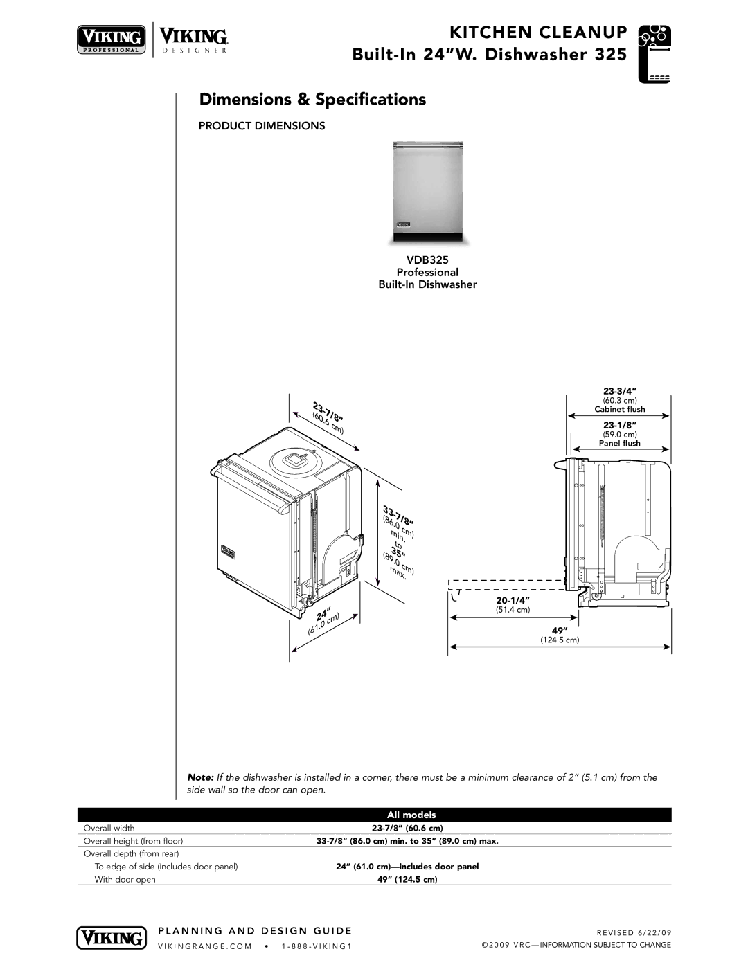 Viking VDB325 manual Built-In 24W. Dishwasher Dimensions & Specifications, Product Dimensions 