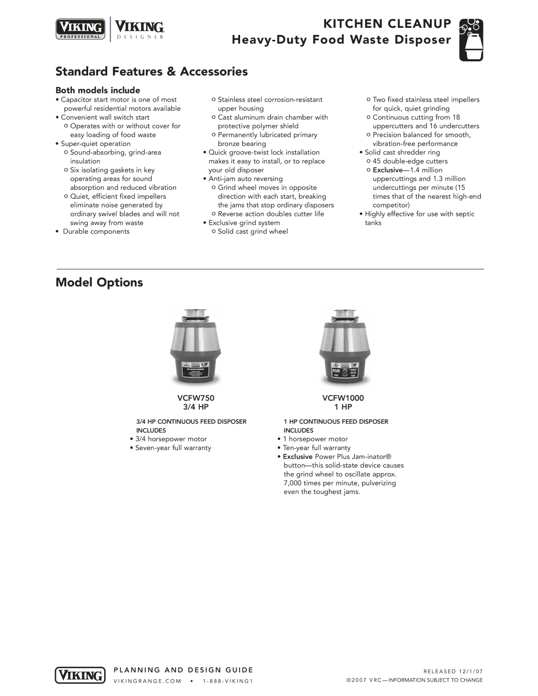 Viking VDB325 manual Both models include, VCFW750, VCFW1000 