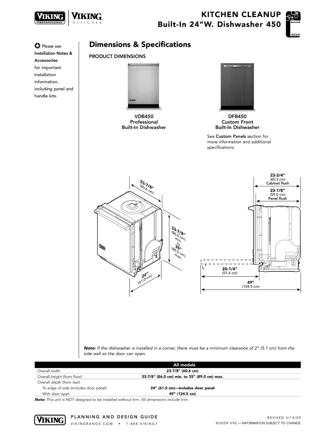 Viking VDB325 manual Built-In 24W. Dishwasher Dimensions & Specifications 