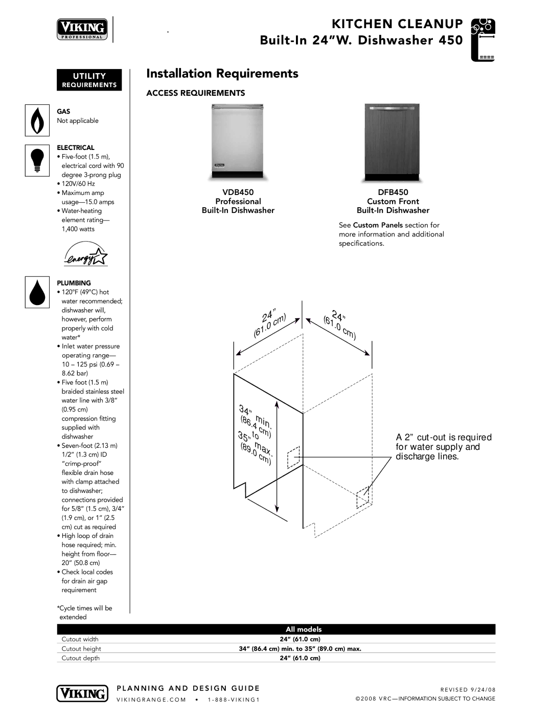 Viking DFB450, VDB450 specifications Bui lt-In 24W . Dishwa she r Installation Requirements, Planning Design Guide 